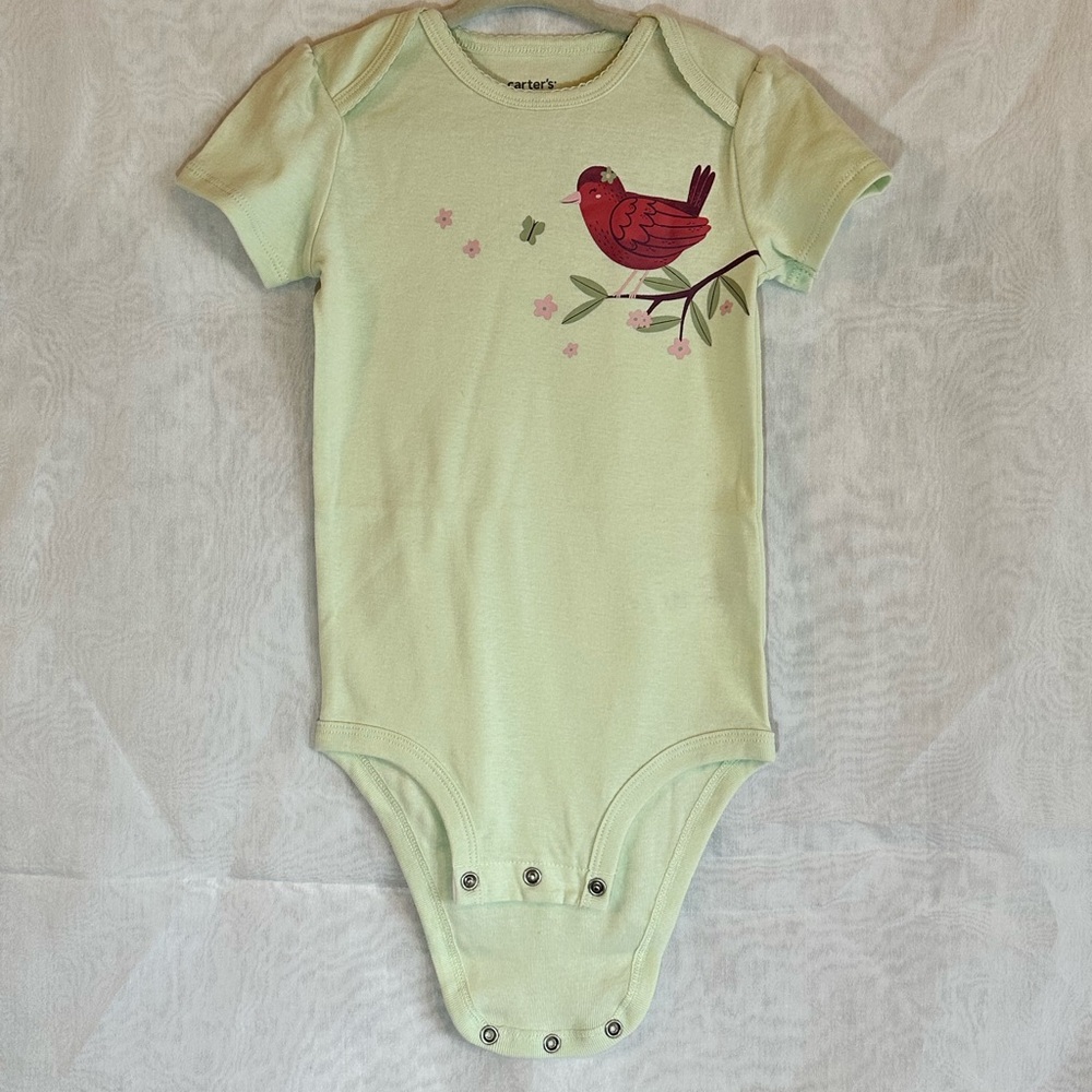 Carter's onsie - never washed, never used. Mint green with bird decal